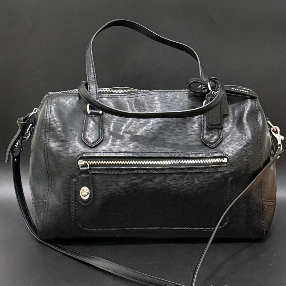 COACH 25062 Poppy East/West Black Textured Patent Leather Satchel Crossbody